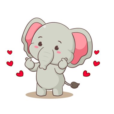Sevimli fil çizgi film karakteri ve aşk parmağı işareti. Sevimli hayvan konsepti düz tasarım. İzole edilmiş beyaz arka plan. Vektör sanatı illüstrasyonu.