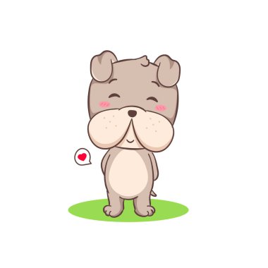 Elleri arkada duran sevimli Bulldog çizgi film karakteri. Sevimli hayvan konsepti düz tasarım. İzole edilmiş beyaz arka plan. Vektör sanatı illüstrasyonu.