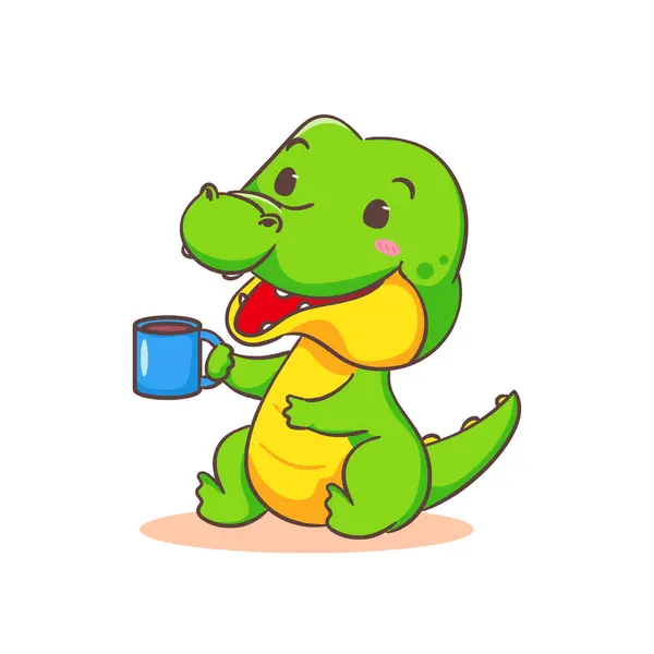 Cute Crocodile Drinking Coffee Cartoon Character White Background Vector Illustration — Stock Vector