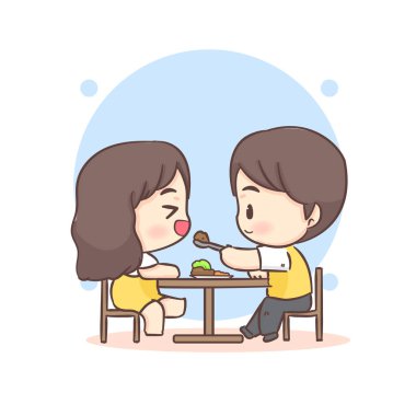 Sevimli aşıklar birlikte oturup yemek yiyorlar. Mutlu Sevgililer Günü Chibi çizgi film karakteri.