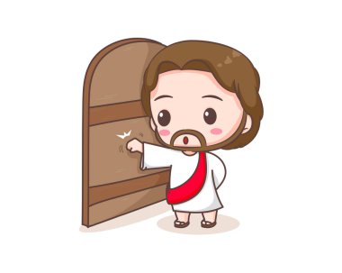 Jesus Christ knocking the door cartoon character. Cute mascot illustration. Isolated white background. Biblical story Religion and faith. clipart