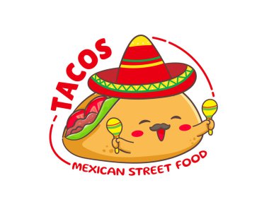 Et ve sebzeli taco, marakas ve sombrero. Geleneksel Latin Amerika Meksika fast-food 'u. Tacos logo etiketi yemek konsepti. Eski moda düz çizgi film tarzı. Cinco de mayonez