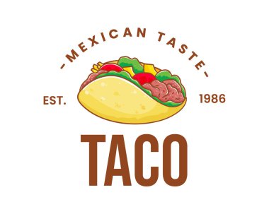Et ve sebzeli taco. Geleneksel Latin Amerika Meksika fast-food 'u. Tacos logo etiketi yemek konsepti. Eski moda düz çizgi film tarzı. Cinco de mayonez