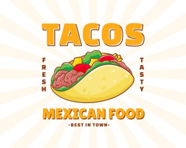 Et ve sebzeli taco. Geleneksel Latin Amerika Meksika fast-food 'u. Tacos logo etiketi yemek konsepti. Eski moda düz çizgi film tarzı.