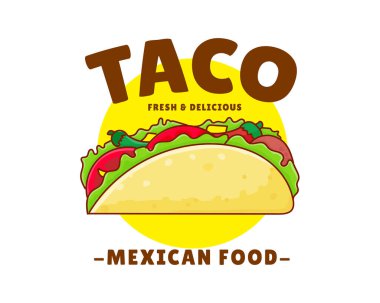 Et ve sebzeli taco. Geleneksel Latin Amerika Meksika fast-food 'u. Tacos logo etiketi yemek konsepti. Eski moda düz çizgi film tarzı. Cinco de mayonez
