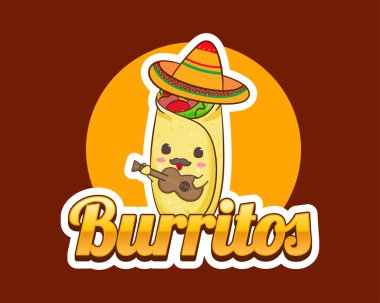 Meksika Geleneksel Yemekleri. Burritos gitar çalıyor. Şirin Burritos, Sombrero şapkası takıyor. Burritos Illustration.