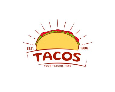 Tacos klasik logo şablonu. Geleneksel Meksika sokak yemekleri. Yemek tasarımı. Düz çizgi film tarzı. İzole edilmiş beyaz arka plan. Vektör sanatı illüstrasyonu.