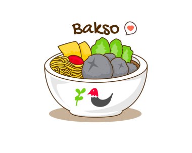 Bakso ya da Noodle ve Sebze logosu olan köfte. Düz çizgi film tarzı. Asya Gıda Tasarımı. Endonezya geleneksel sokak yemekleri. Vektör sanatı çizimi izole edilmiş beyaz arkaplan