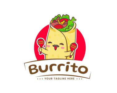 Burritos Holding Spoon. Meksika Geleneksel Sokak Yemekleri. Şirin Burritos Vektörü Mutlu Yüz Tutma Kaşığını Gösteriyor.