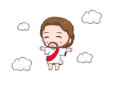Buluttaki şirin İsa çizgi film karakteri. El çizimi Chibi karakteri, klip sanatı, çıkartma, izole edilmiş beyaz arka plan. Yüce İsa 'nın yükselişi. Maskot logo ikonu vektör sanat çizimi