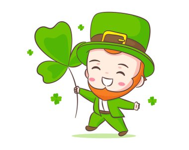 Cute Adorable Leprechaun cartoon holding clover. Hand drawn chibi character. Happy Saint Patrick's Day concept design. Isolated White background. Vector art illustration. clipart