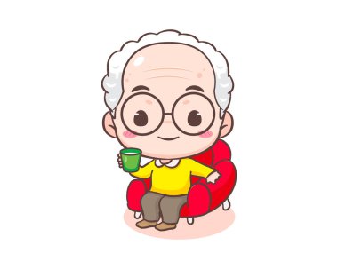 Sevimli büyükbaba ya da yaşlı adam çizgi film karakteri. Büyükbaba kanepede kahveyle oturur. Kawaii chibi el çizimi tarzı. Sevimli maskot vektör çizimi. People Family Concept tasarımı