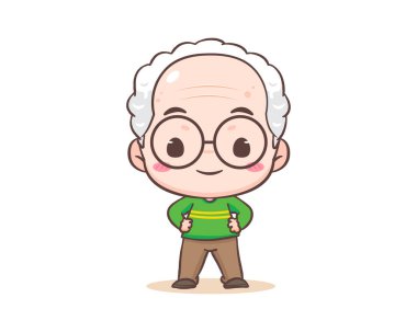 Sevimli büyükbaba ya da yaşlı adam çizgi film karakteri. Dedem el pençe divan duruyor. Kawaii chibi el çizimi tarzı. Sevimli maskot vektör çizimi. People Family Concept tasarımı