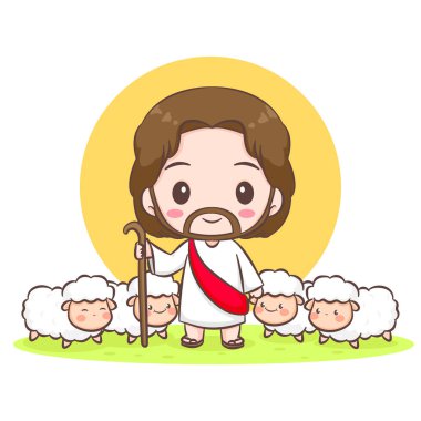 Şirin İsa koyun güden bir karikatür. El çizimi Chibi karakteri izole edilmiş beyaz arka plan. Çocuklar için Hıristiyan İncili. Maskot logo ikonu vektör sanat çizimi