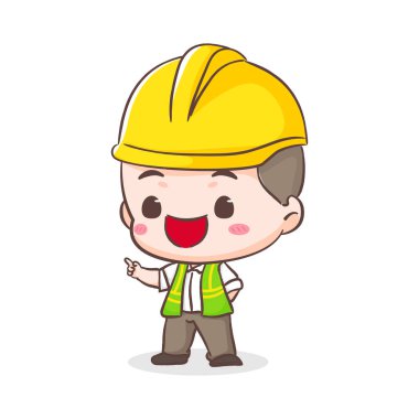 Şirin Müteahhit ya da Mimari Çizgi Film Karakteri ayakta durup talimat veriyor. Simge Tasarımı Yapan İnsanlar. İzole edilmiş Düz Çizgi Film Tarzı. Vektör sanatı illüstrasyonu