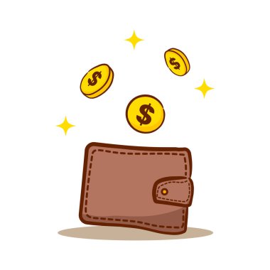 Cüzdan ve yüzen altın paralar. İş Finans Tasarımı. İzole edilmiş beyaz arka plan. El çizimi düz çizgi film tarzı. Vektör sanatı illüstrasyonu