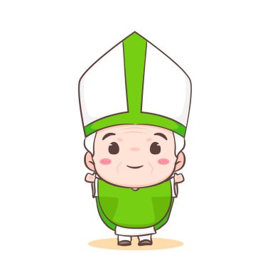 Şirin Pope çizgi film karakteri. Mutlu gülümseyen Katolik rahip maskotu karakteri. Hristiyan dini tasarımı. İzole edilmiş beyaz arka plan. vektör sanat illüstrasyonu.