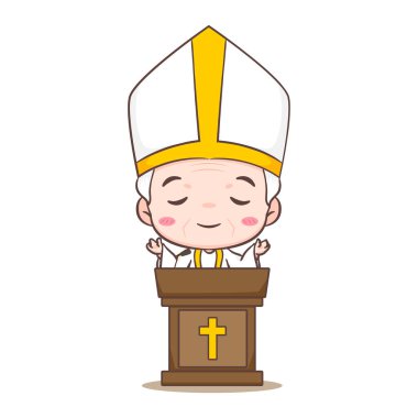 Şirin Pope çizgi film karakteri. Mutlu gülümseyen Katolik rahip maskotu karakteri. Hristiyan dini tasarımı. İzole edilmiş beyaz arka plan. vektör sanat illüstrasyonu.