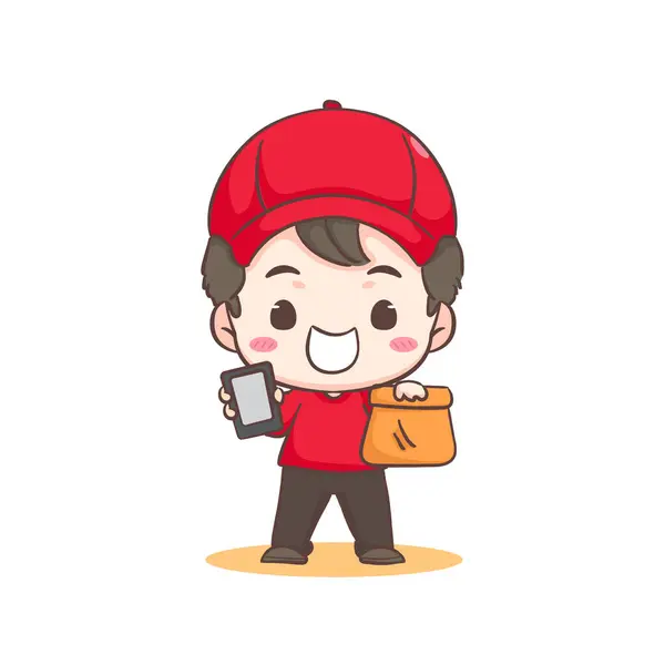 Cute Delivery Man Adorable Cartoon Character Courier Wearing Uniform Hat — Stock Vector