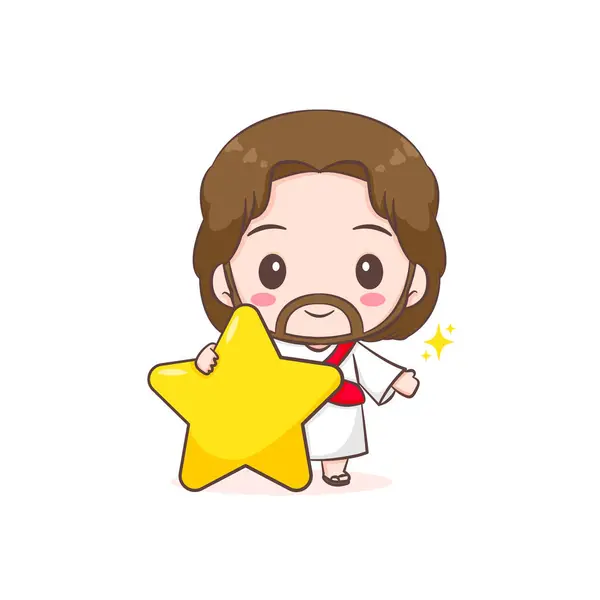 Cute Jesus Holding Big Star Chibi Cartoon Character Isolated White — Stock Vector