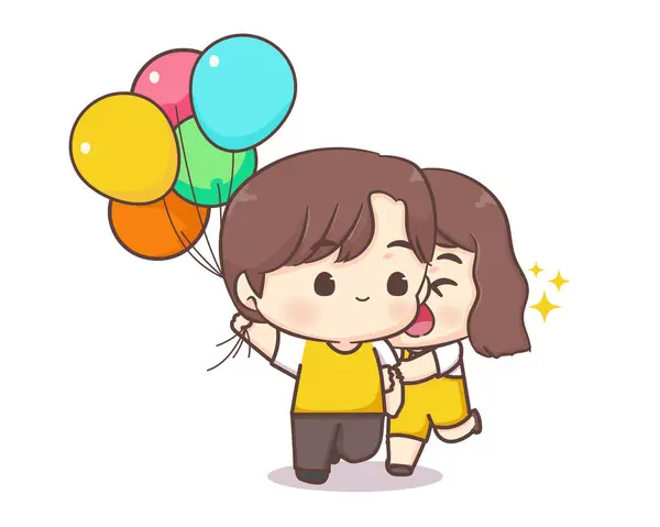 Cute Lovers Couple Happy Holiday Chibi Cartoon Character Happy Valentine — Stock Vector