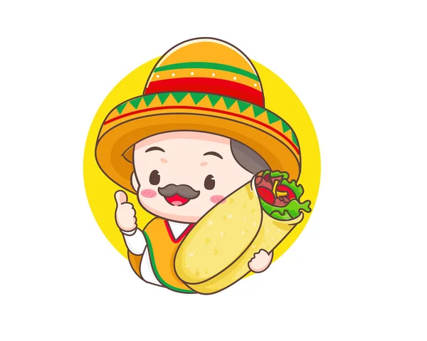 Cute Mexican Chef Sombrero Hat Cartoon Character Burrito Icon Logo — Stock Vector