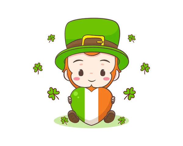 Carino Adorabile Cartone Animato Leprechaun Tenendo Irlanda Amore Cuore Personaggio — Vettoriale Stock