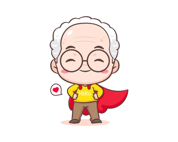 かわいいおじいさんや老人漫画のキャラクター ウエストで赤いクロークの手を持つスーパーヒーローのおじいちゃん カワイチビ手描きスタイル マスコットベクターイラスト ファミリーコンセプトデザイン — ストックベクタ