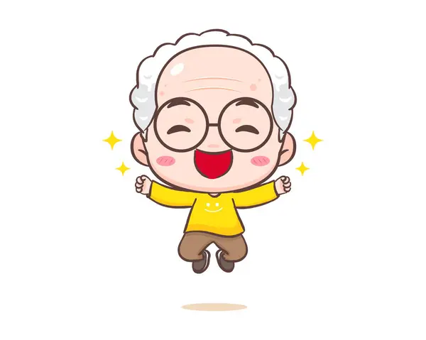 Cute Grandfather Old Man Cartoon Character Happy Grandpa Jumping Kawaii — Stock Vector