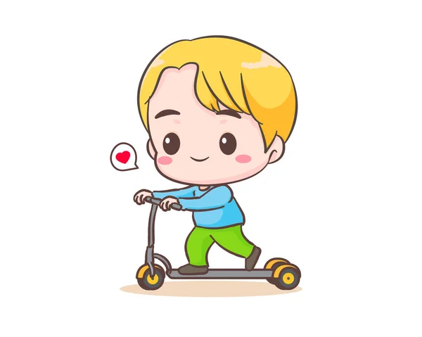 可爱的小男孩骑摩托车卡通人物 Kawaii Chibi手绘风格 可爱的卡通吉祥物矢量插图 — 图库矢量图片
