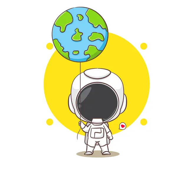 Cute Astronaut Holding Earth Balloon Cartoon Character Space Concept Design — Stock Vector