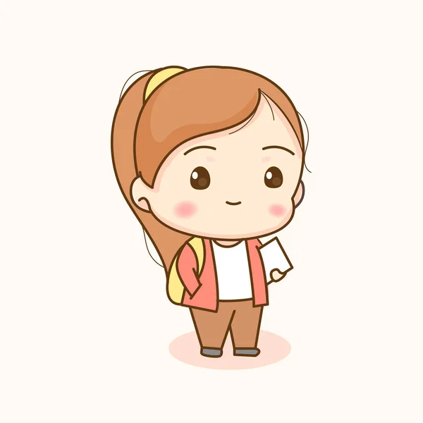 Cute Girl Young Student Chibi Cartoon Character Flat Vector Illustration — Stock Vector
