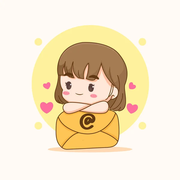 Cute Girl Hold Large Envelope Chibi Cartoon Character Flat Vector — Stock Vector