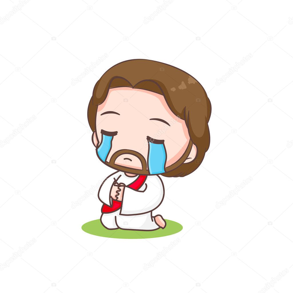 Cute Jesus kneeling and praying. Chibi cartoon character isolated white background.