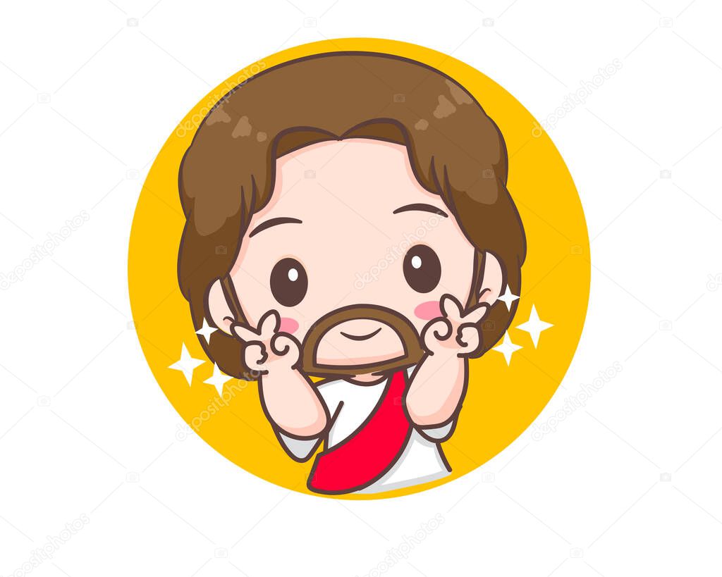 Jesus Christ peace hand sign cartoon character. Cute mascot illustration. Isolated white background. Biblical story Religion and faith.