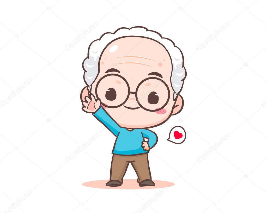 Cute grandfather or old man cartoon character. Grandpa greeting pose say hello. Kawaii chibi hand drawn style. Adorable mascot vector illustration. People Family Concept design