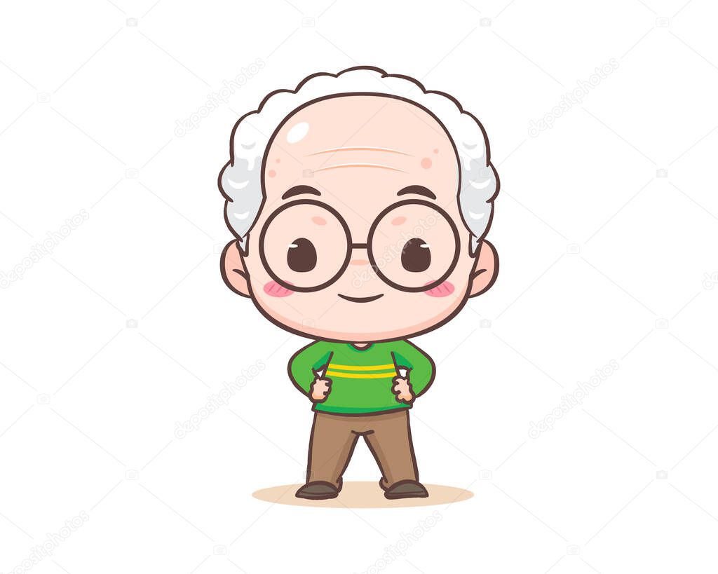 Cute grandfather or old man cartoon character. Grandpa standing with hand at waist. Kawaii chibi hand drawn style. Adorable mascot vector illustration. People Family Concept design