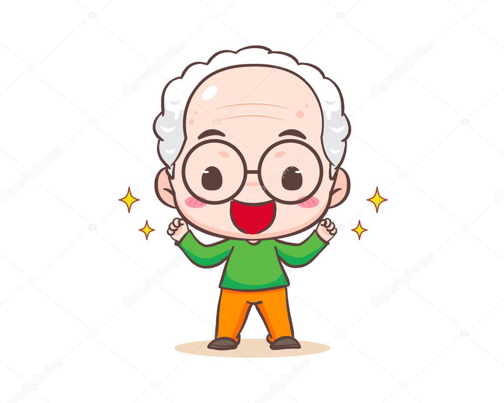 Cute grandfather or old man cartoon character. Strong Grandpa with stars around. Kawaii chibi hand drawn style. Adorable mascot vector illustration. People Family Concept design