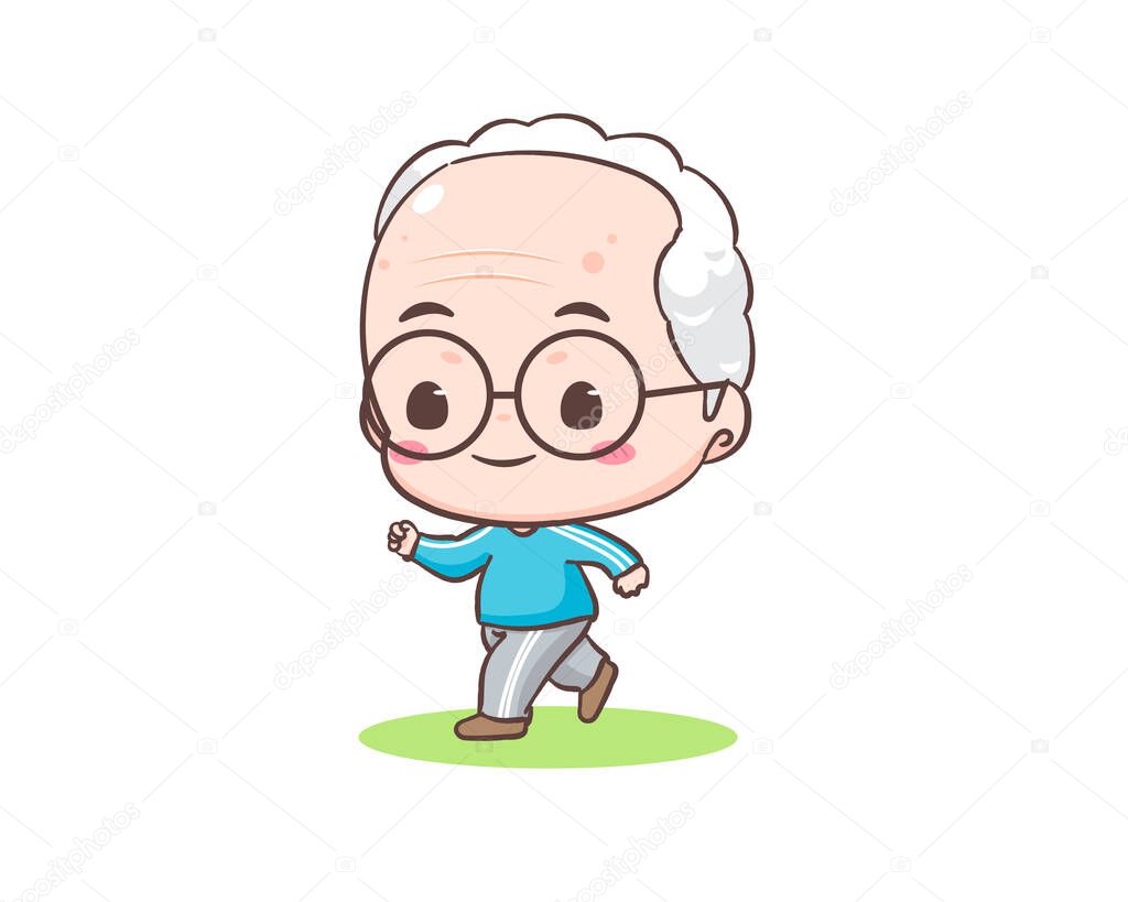 Cute grandfather or old man cartoon character. Grandpa jogging or running. Kawaii chibi hand drawn style. Adorable mascot vector illustration.