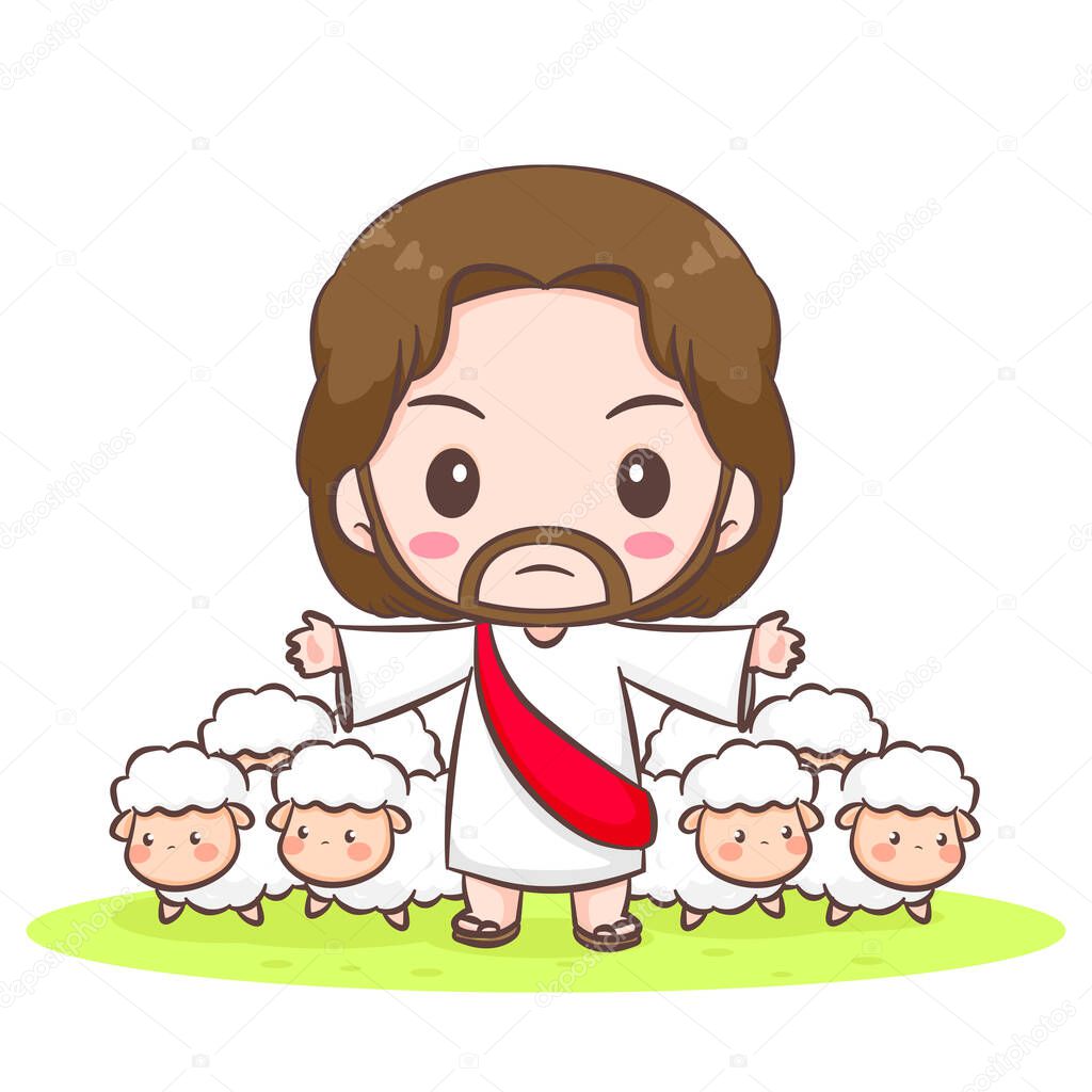 Jesus Christ protects the sheep cartoon character. Cute mascot illustration. Isolated white background. Biblical story Religion and faith.