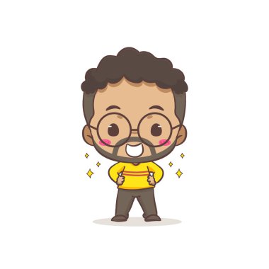 Sevimli baba gülümseyen çizgi film karakteri. Gözlük tasarımı takan Afrikalı bir adam. Düz chibi çizgi film stili. Vektör sanat illüstrasyonu. İzole edilmiş beyaz arkaplan