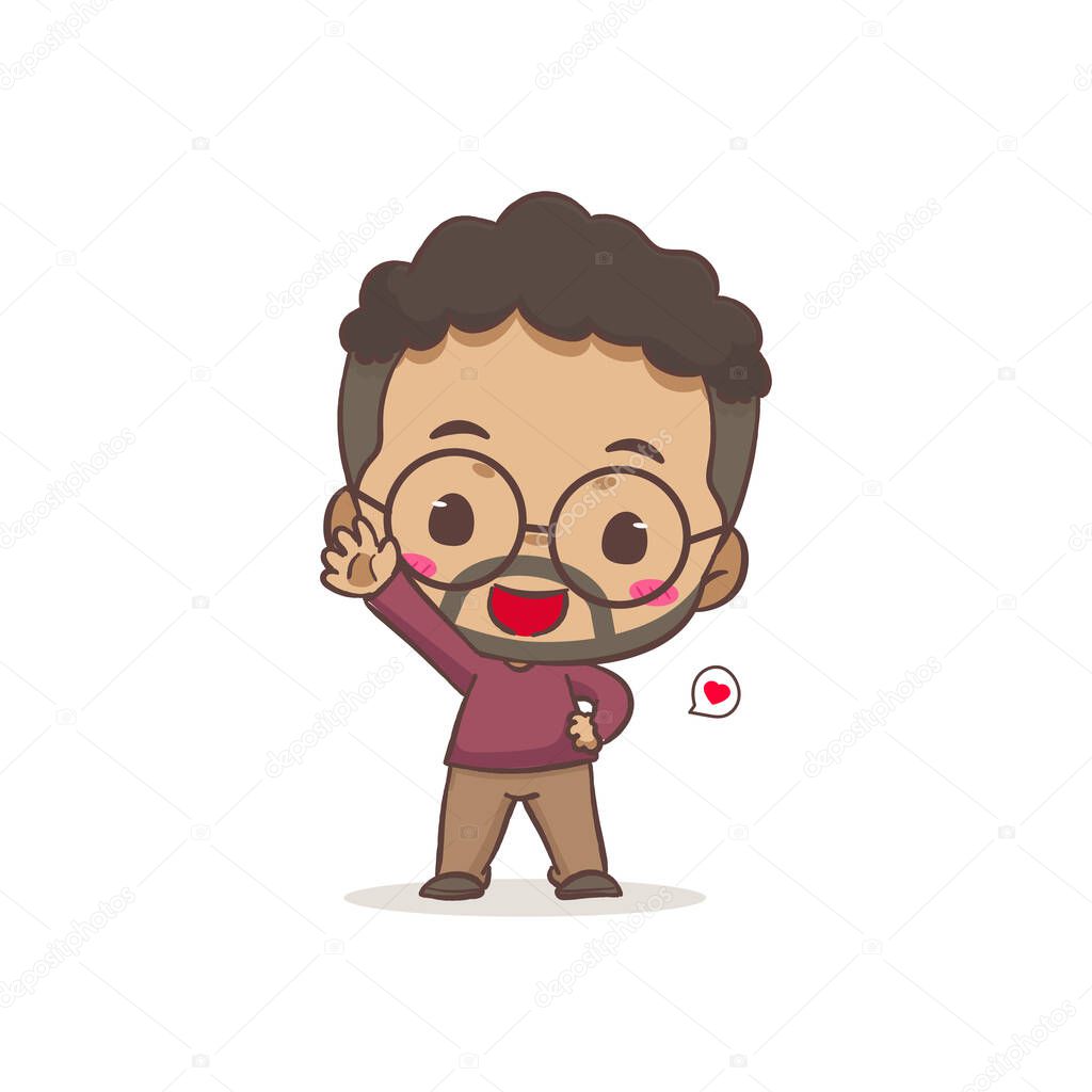 Cute father say hello cartoon character. African man wearing glasses concept design. Flat chibi cartoon style. Vector art illustration. Isolated white background