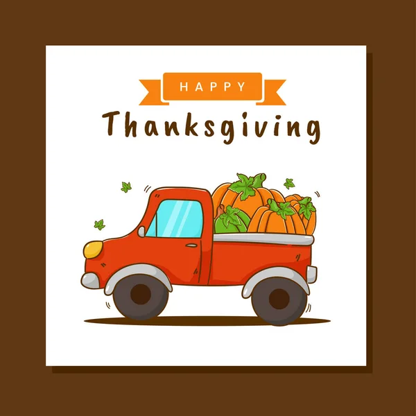 Camion Tiré Main Récolte Citrouille Modèle Carte Thanksgiving Dessin Animé — Image vectorielle