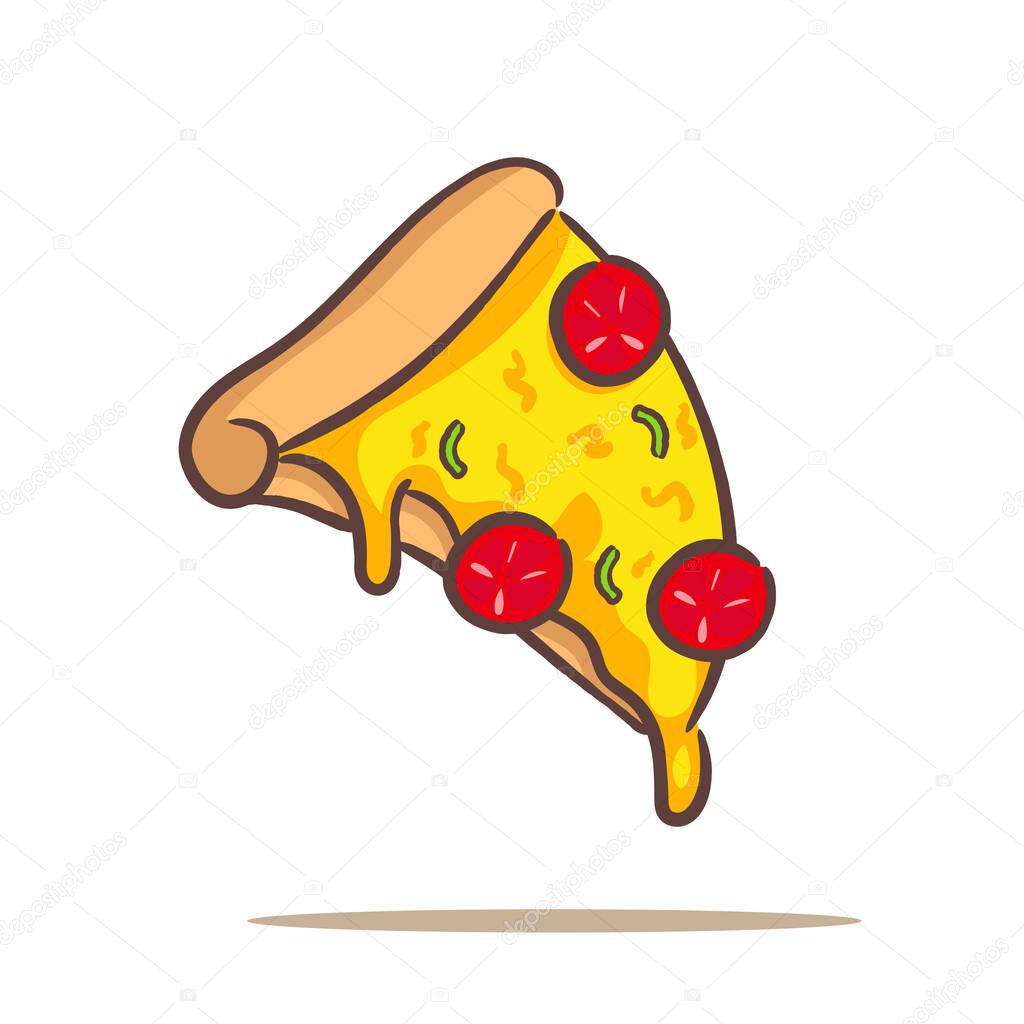 Pizza slice melted cartoon flat style. Fast food concept design. Isolated white background. Vector art illustration.