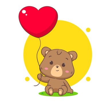 Sevgi dolu bir kalbi olan sevimli kahverengi ayı. Kawaii tapılası hayvan ve sevgililer günü konsepti tasarımı. İzole edilmiş beyaz arka plan. Vektör sanatı illüstrasyonu.