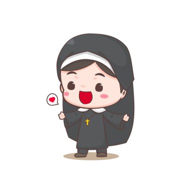 Tatlı rahibe çizgi film karakteri. Hıristiyan ve Katolik din konsepti tasarımı. Meslek illüstrasyonu. Tapılası chibi biçimi vektörü