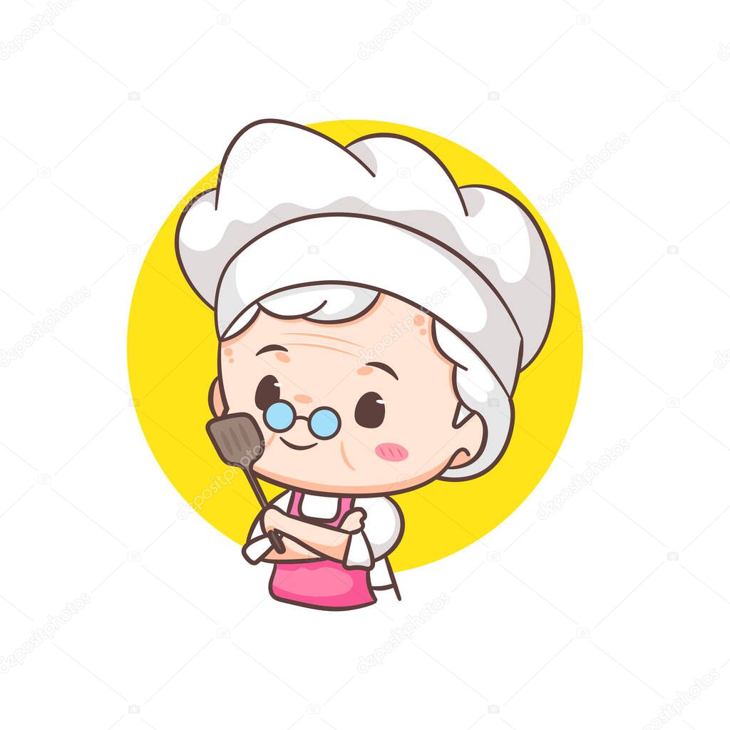 Cute grandmother chef cartoon with empty board. Grandma cooking logo vector art. People Food Icon Concept. restaurant and homemade culinary logo