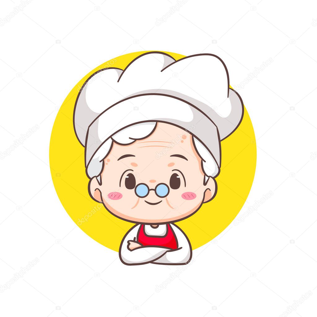 Cute grandmother chef cartoon with empty board. Grandma cooking logo vector art. People Food Icon Concept. restaurant and homemade culinary logo