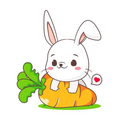 Havuçlu şirin tavşan çizgi filmi. Sevimli tavşan karakteri. Kawaii hayvan konsepti tasarımı. İzole edilmiş beyaz arka plan. Maskot logo vektör illüstrasyonu