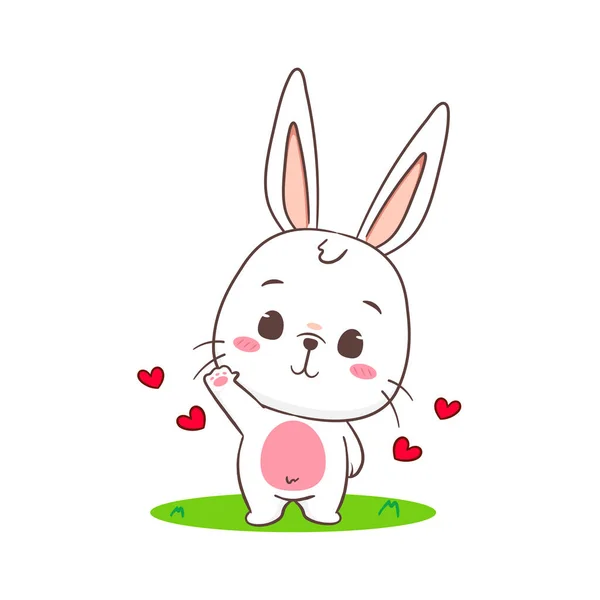 可爱的兔子卡通人物挥手致意 可爱的兔子性格 Kawaii动物概念设计 孤立的白色背景 吉祥物图标矢量插图 — 图库矢量图片